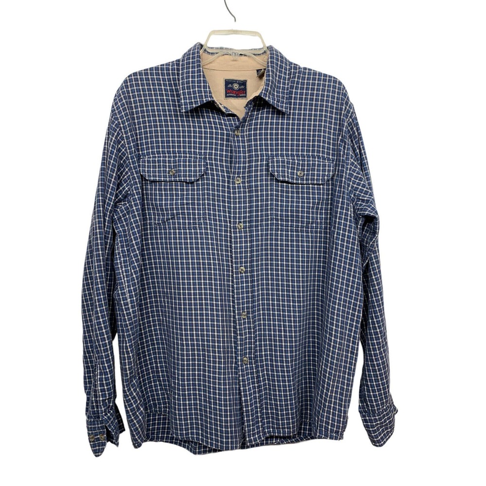 Wrangler Men size L Blue/Gray Plaid Cotton Long Sleeve Shirt